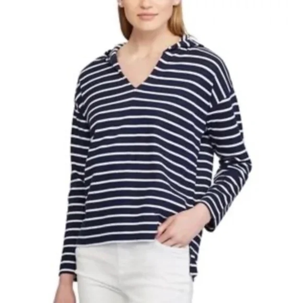 NWT Chaps Women's Navy and White Striped Hooded Sweatshirt
